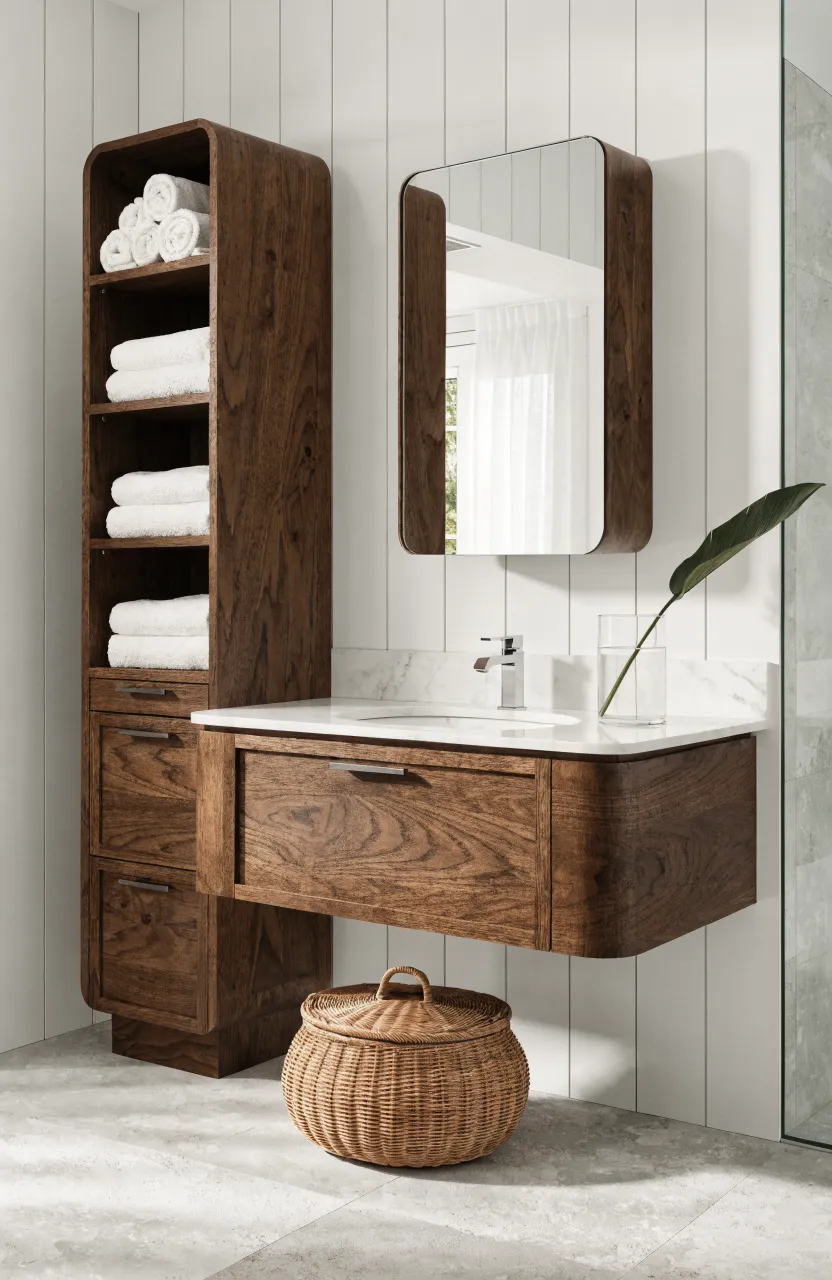 A small bathroom with a floating walnut vanity and a tall matching linen tower for vertical storage.