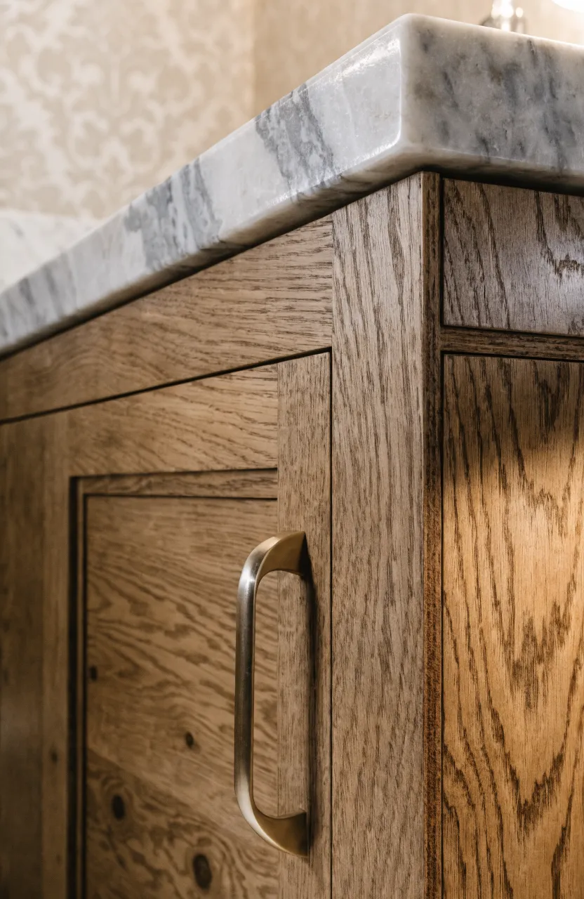 A close-up of a high-quality wood vanity with a marble top, showing moisture-resistant finishes.