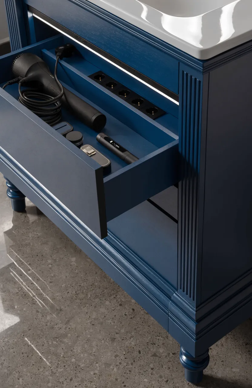 An open vanity drawer with a built-in power outlet and LED lighting, holding a hair dryer.
