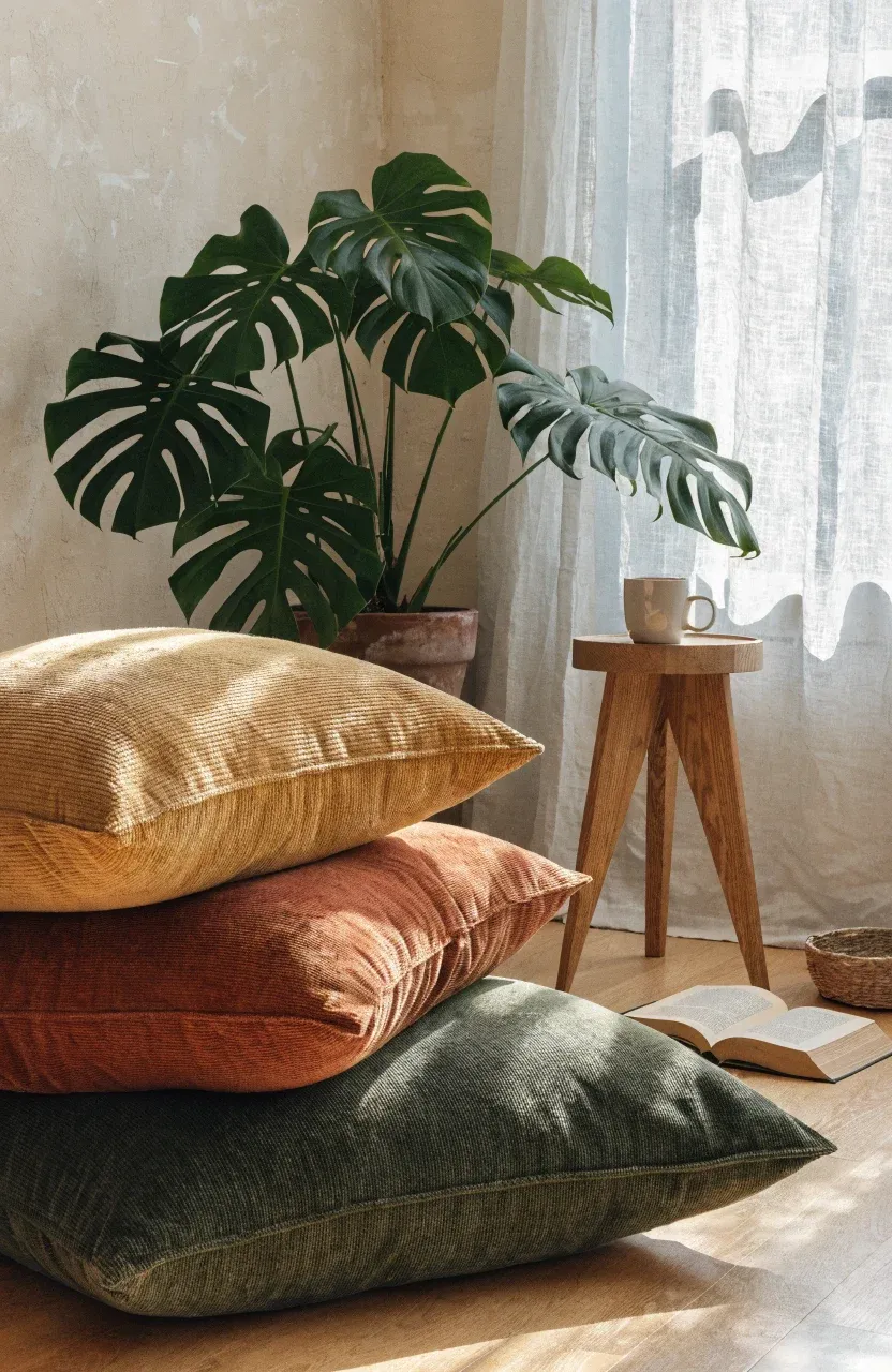 Stacked ochre and rust floor pillows in a sunlit modern bohemian bedroom corner.
