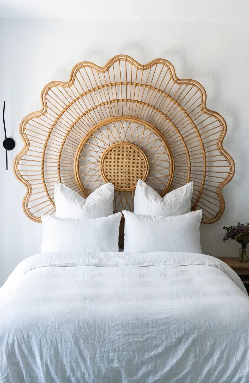 A natural rattan sunburst headboard on a white wall above a bed with white linen.