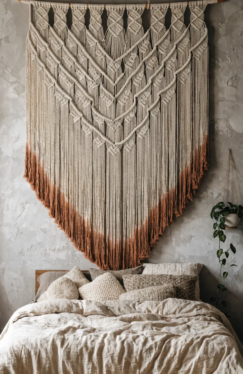 A large cotton macramé wall hanging with terracotta dip-dyed fringe above a bed.