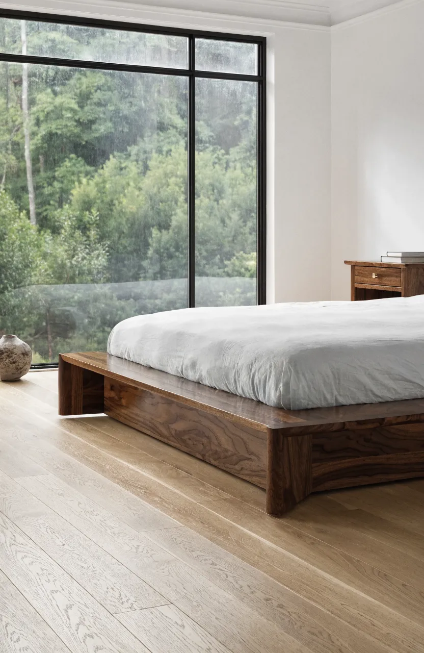 A low-profile walnut platform bed in a bright, minimalist modern bohemian bedroom.