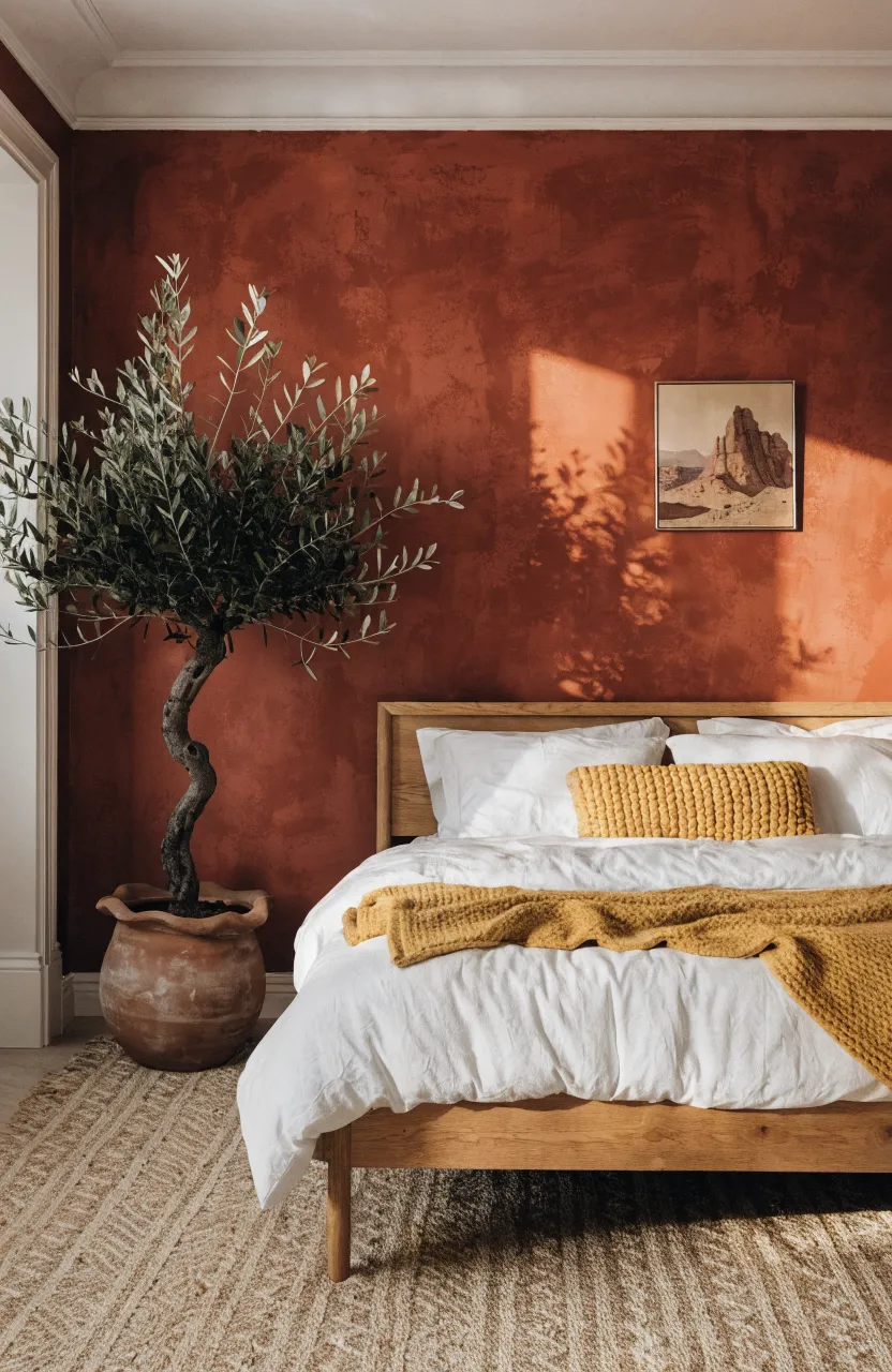 A rich terracotta accent wall behind a light oak bed in a modern bohemian bedroom.