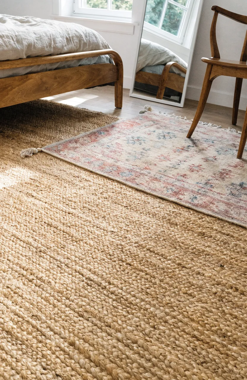 A chunky woven seagrass rug layered with a smaller wool rug in a boho bedroom.
