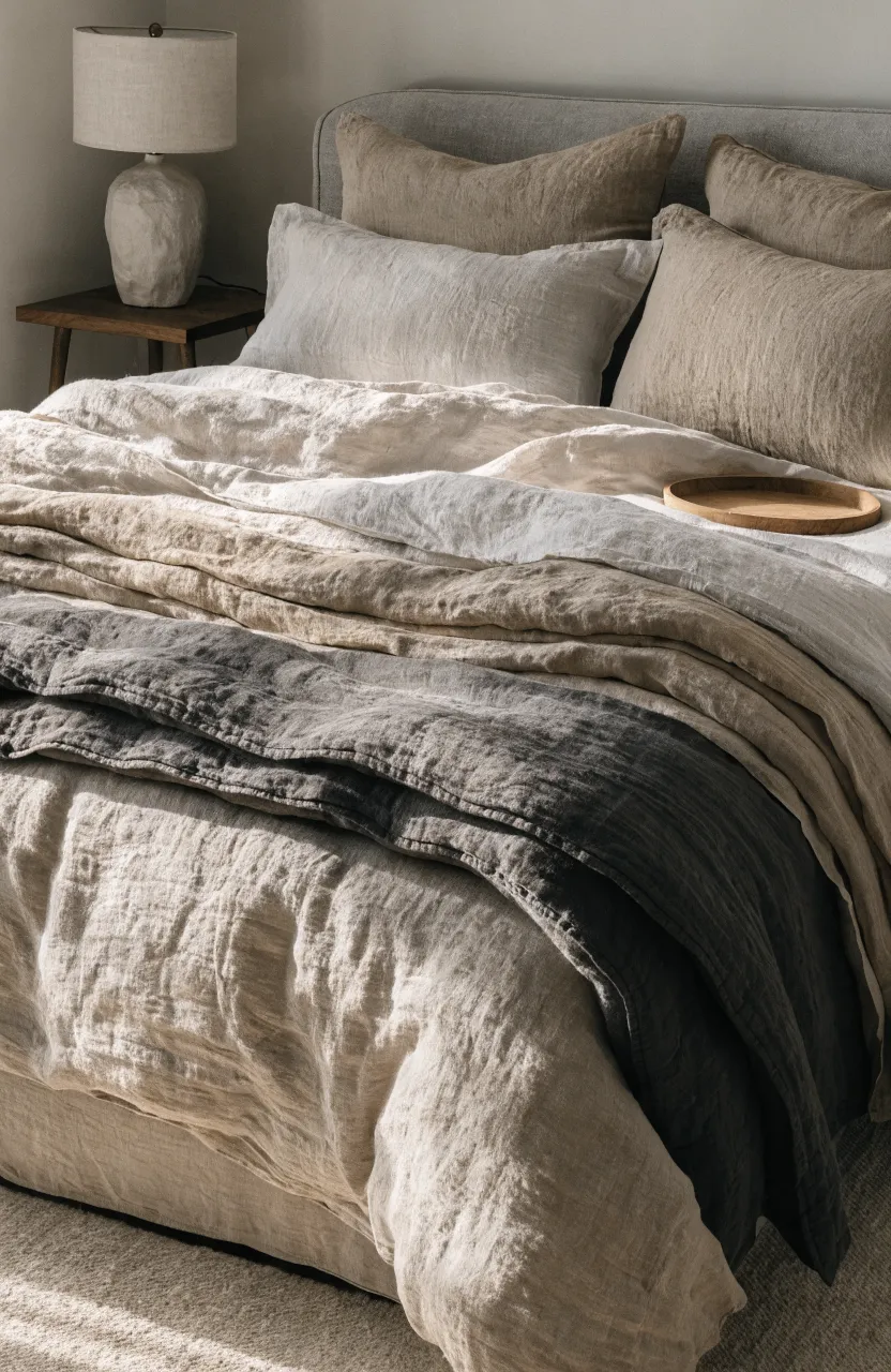 Layered linen bedding in oatmeal and charcoal tones on a modern bohemian bed.