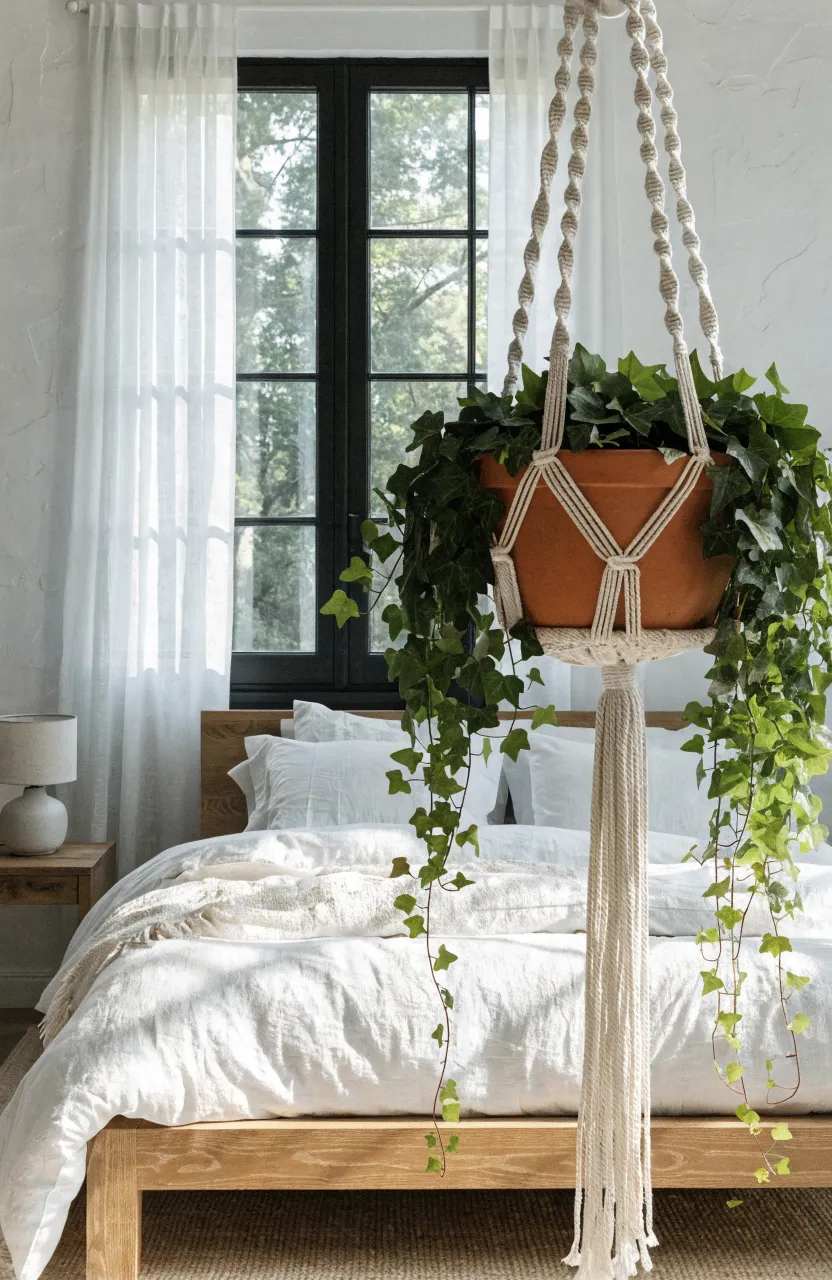 A white macramé planter with trailing ivy hanging in a bright, modern bohemian bedroom.