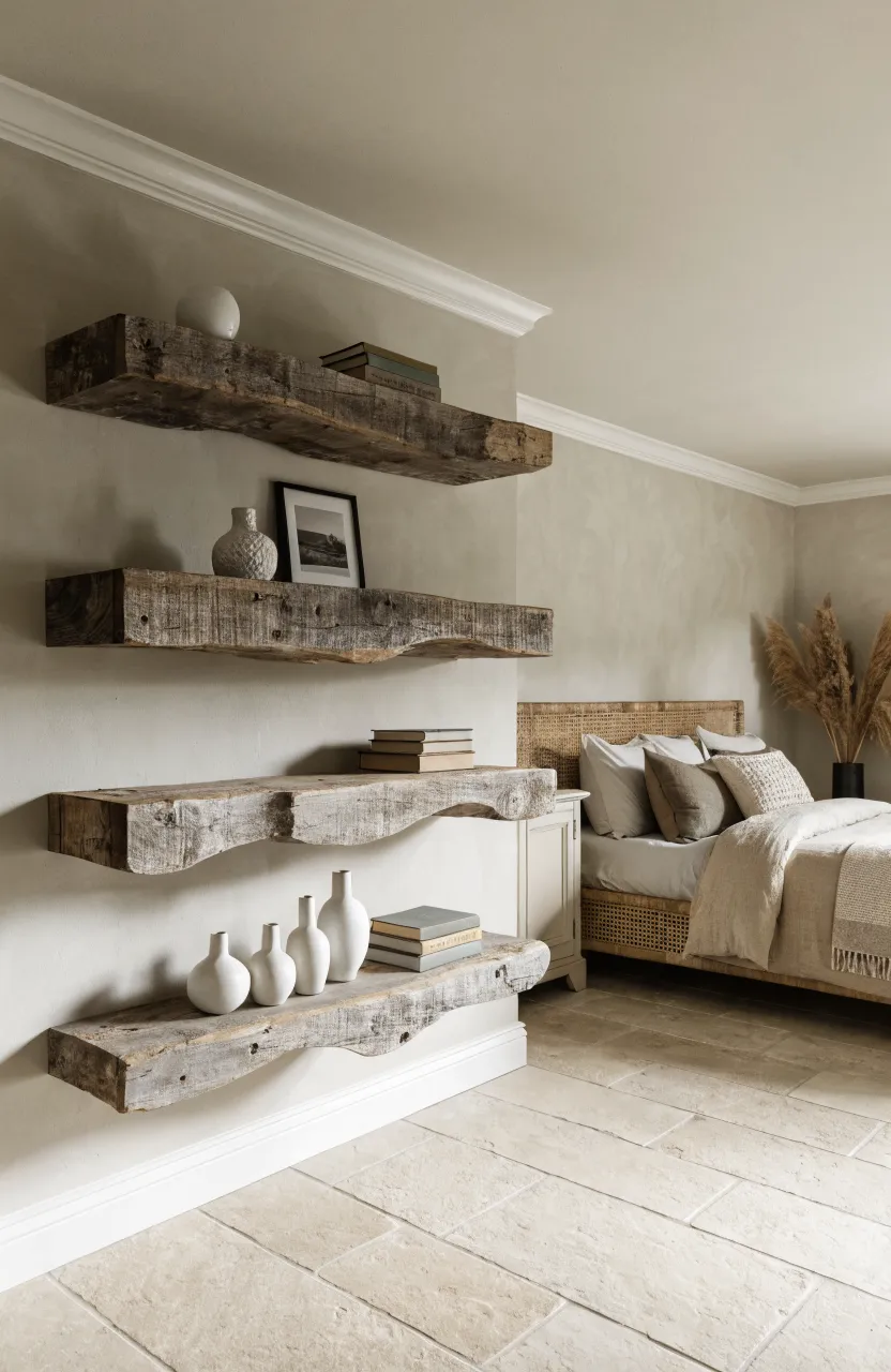 Reclaimed wood floating shelves styled with ceramics and books in a modern boho bedroom.