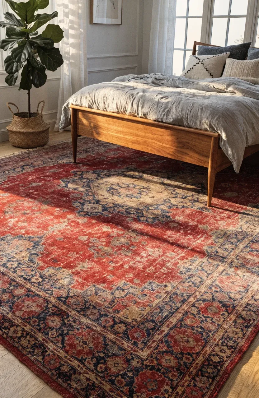 A large, faded vintage Persian rug in jewel tones on the floor of a bohemian bedroom.