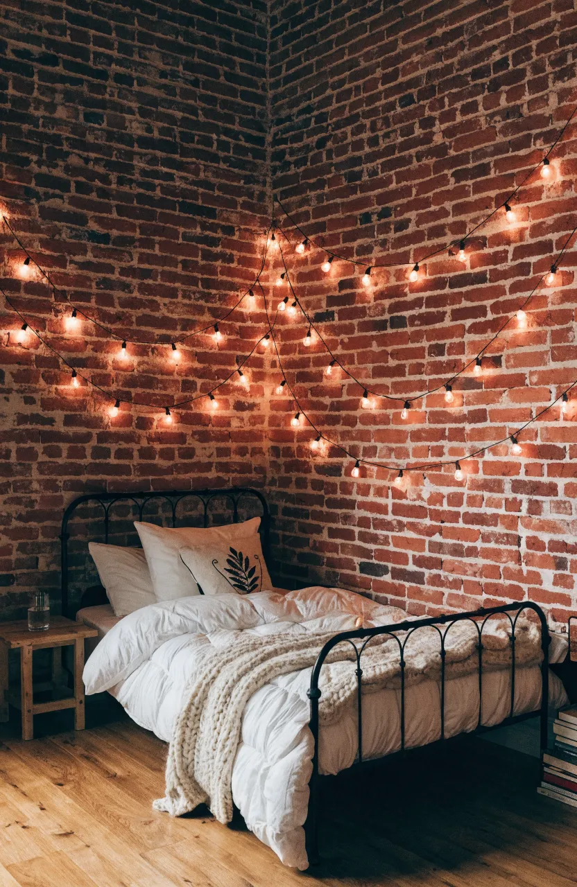 An exposed brick wall draped with warm string lights behind a bed in a boho bedroom.