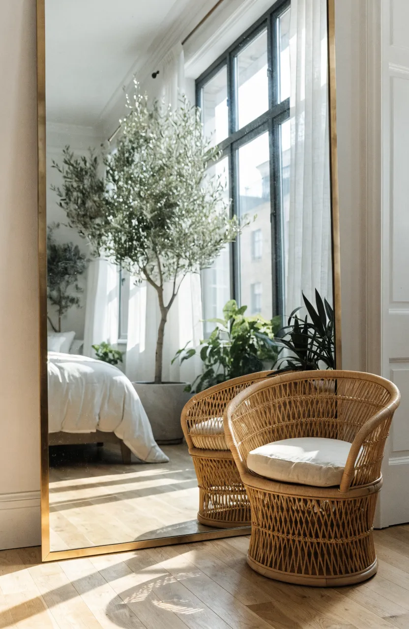 A large brass-framed floor mirror leaning against a wall in a bright bohemian bedroom.