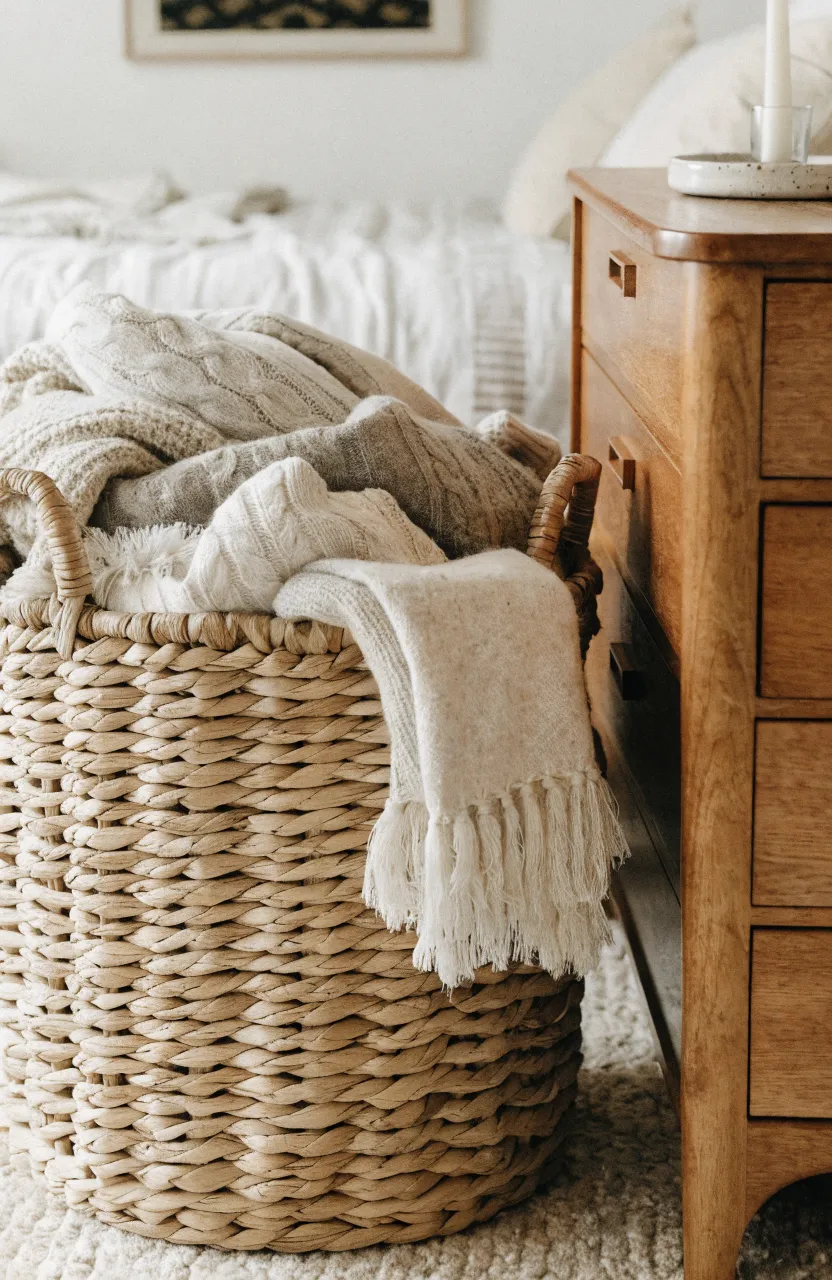 A large wicker basket filled with blankets sitting on a rug in a bohemian bedroom.