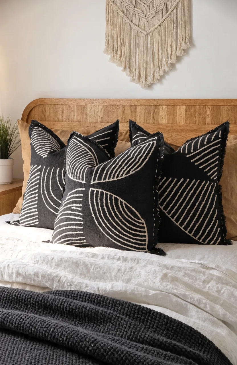 Black and white mudcloth pillows arranged on a bed with white linen in a boho bedroom.