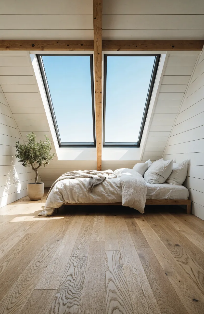 A bright attic bedroom with a bed placed under large skylights in a sloped white ceiling.