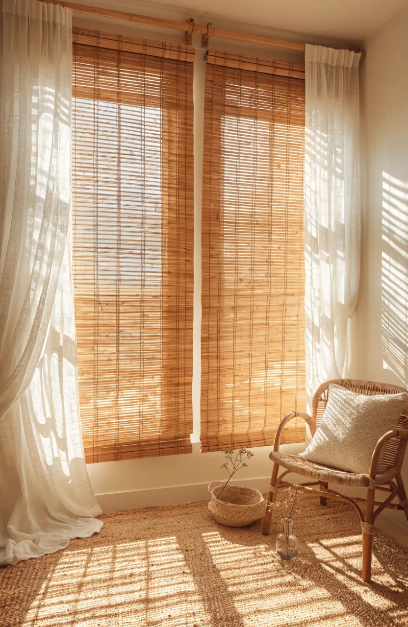 Bamboo blinds on a bedroom window creating dappled sunlight patterns on cream walls.