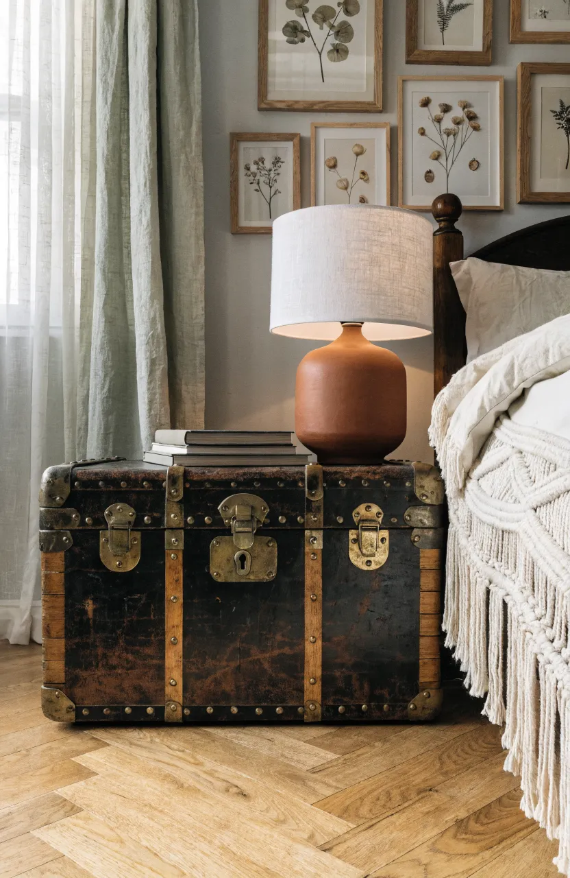 A vintage leather trunk used as a nightstand next to a bed with macrame bedding.