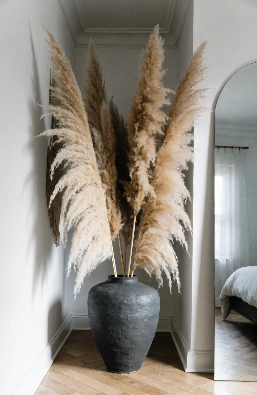 Tall feathery pampas grass in a large grey ceramic vase in a bedroom corner.