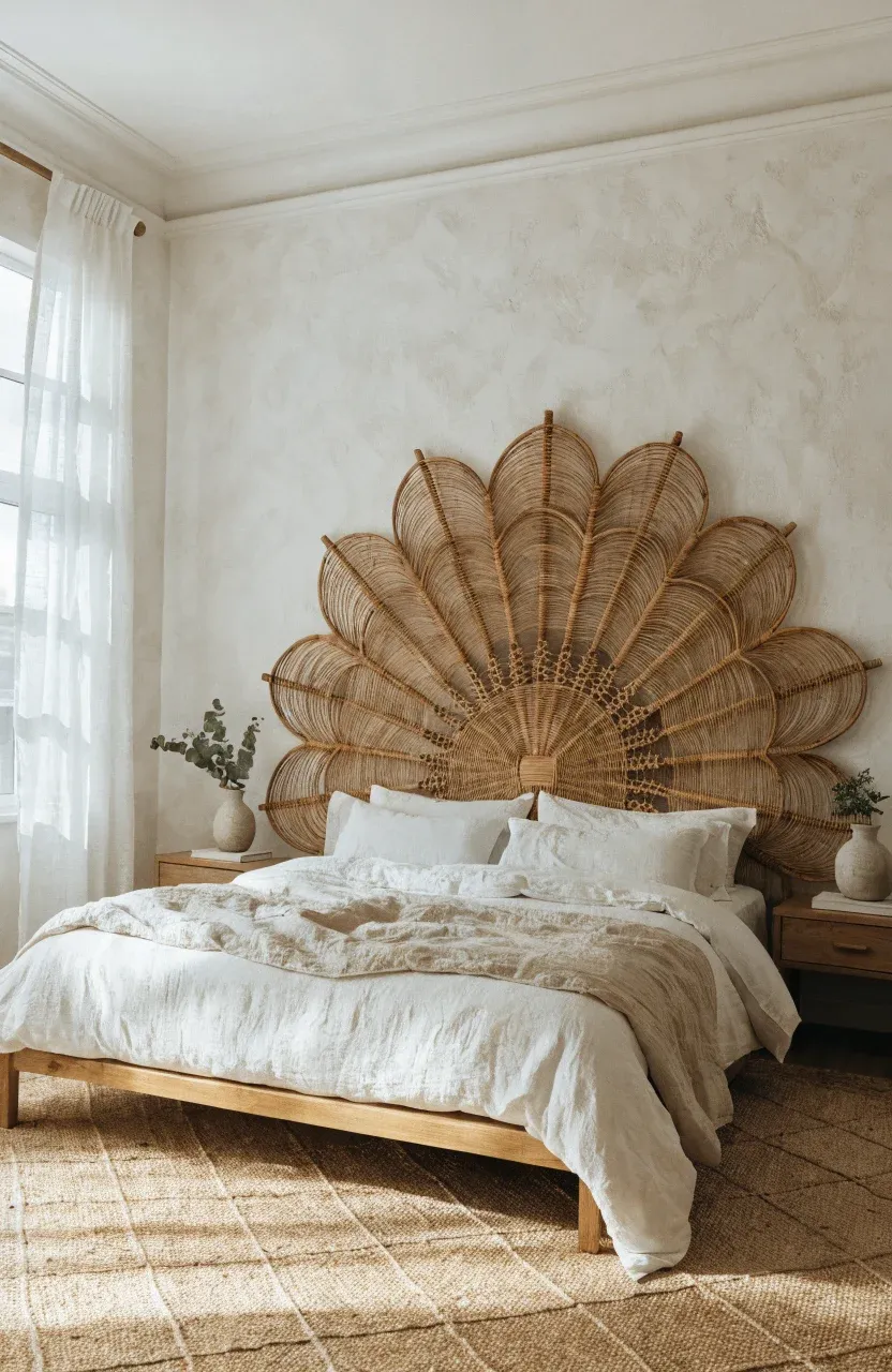 A modern bohemian bedroom featuring a woven rattan headboard with petal patterns and white bedding.