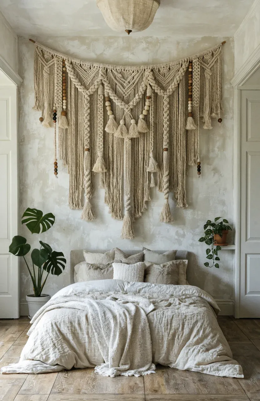 A large cream macramé wall hanging with fringe above a bed in a modern boho bedroom.