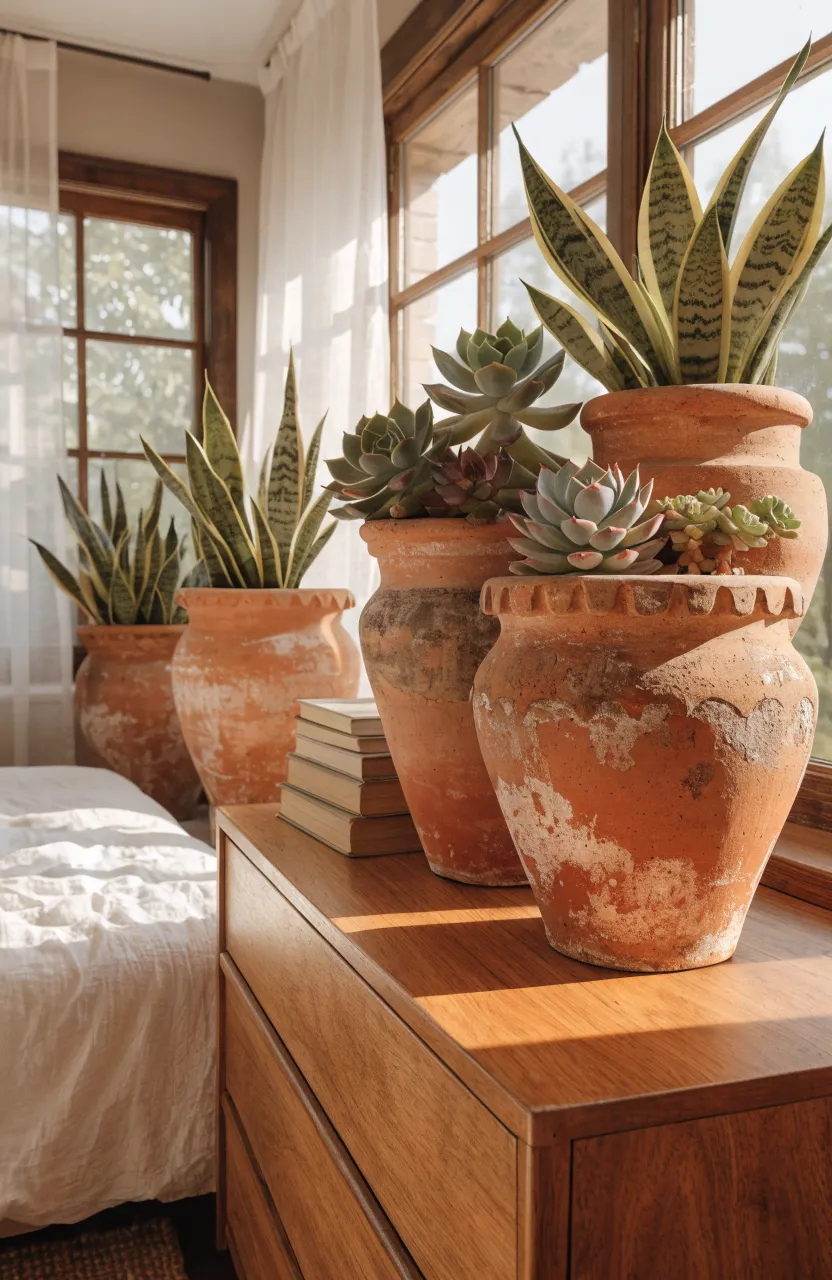 Earthy terracotta pots with green plants on a wooden dresser in a sunlit boho bedroom.