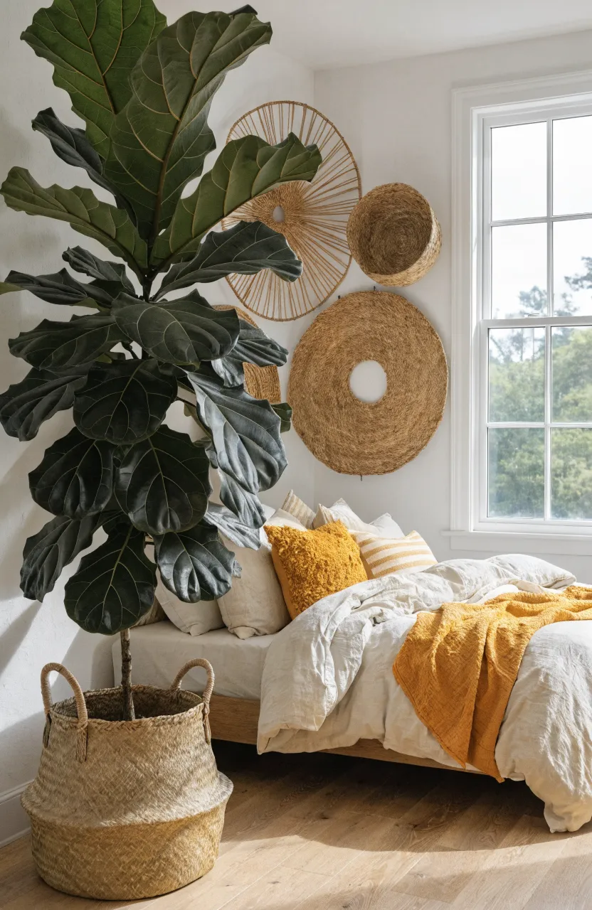 A tall Fiddle Leaf Fig plant in a seagrass basket in the corner of a modern boho bedroom.