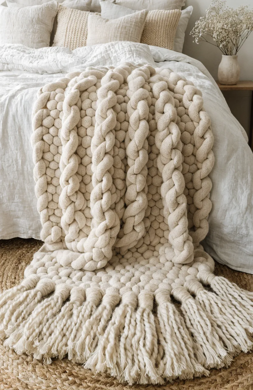 A cream hand-knotted throw blanket with long fringe draped over a bed in a boho bedroom.