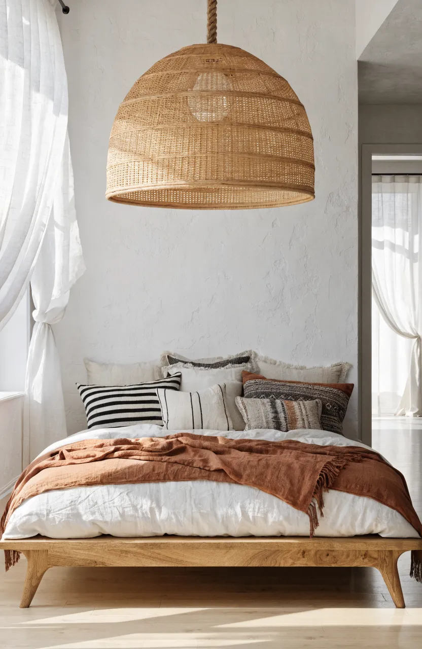 A low-profile natural wood bed frame with neutral bedding in a modern bohemian bedroom.