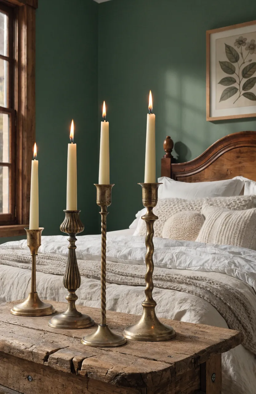 Mismatched vintage brass candle holders with ivory tapers on a nightstand in a boho bedroom.