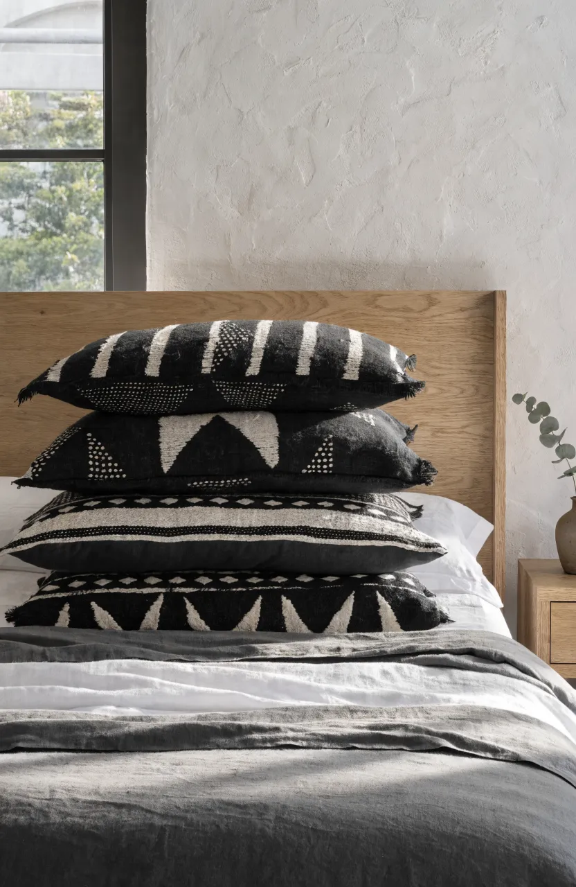 Textured mudcloth pillows with black and white patterns on a modern bohemian bed.