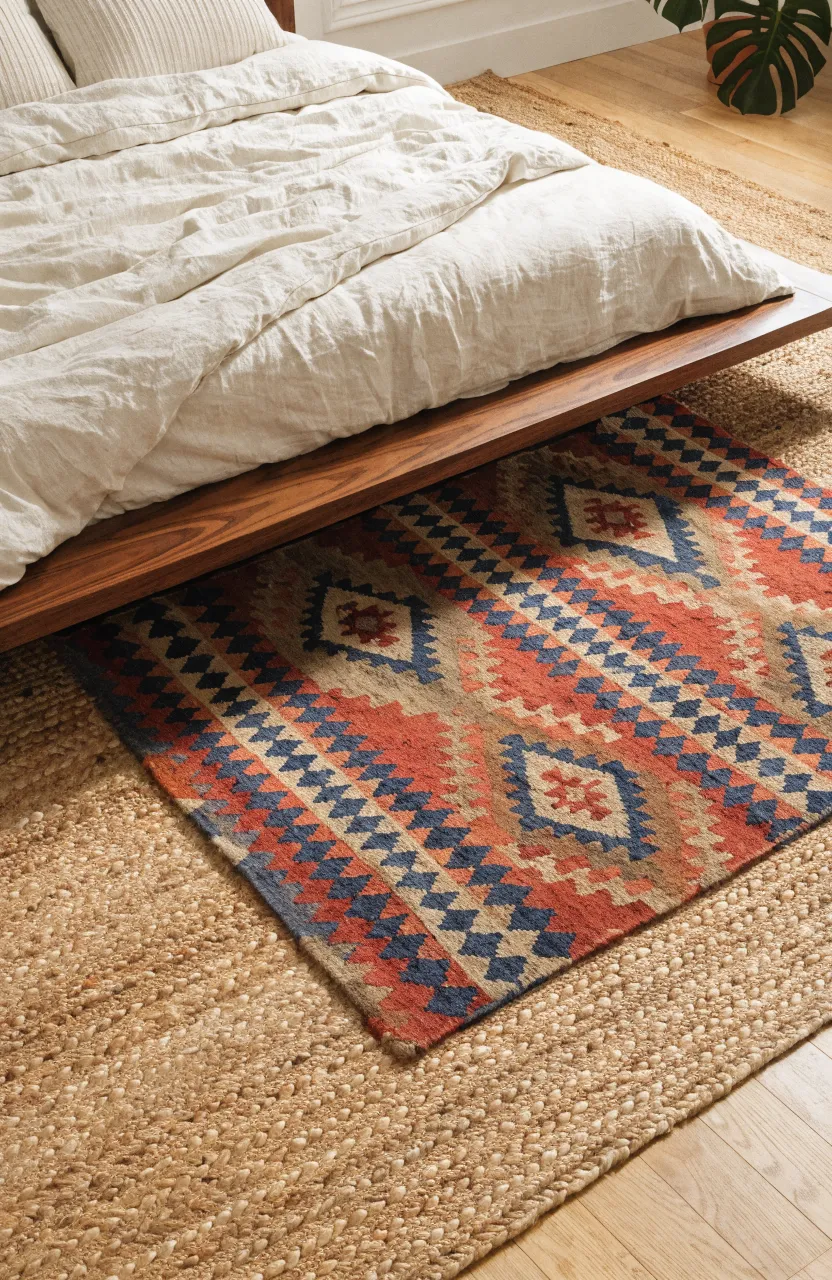 A colorful kilim rug layered over a large jute rug in a modern boho bedroom.