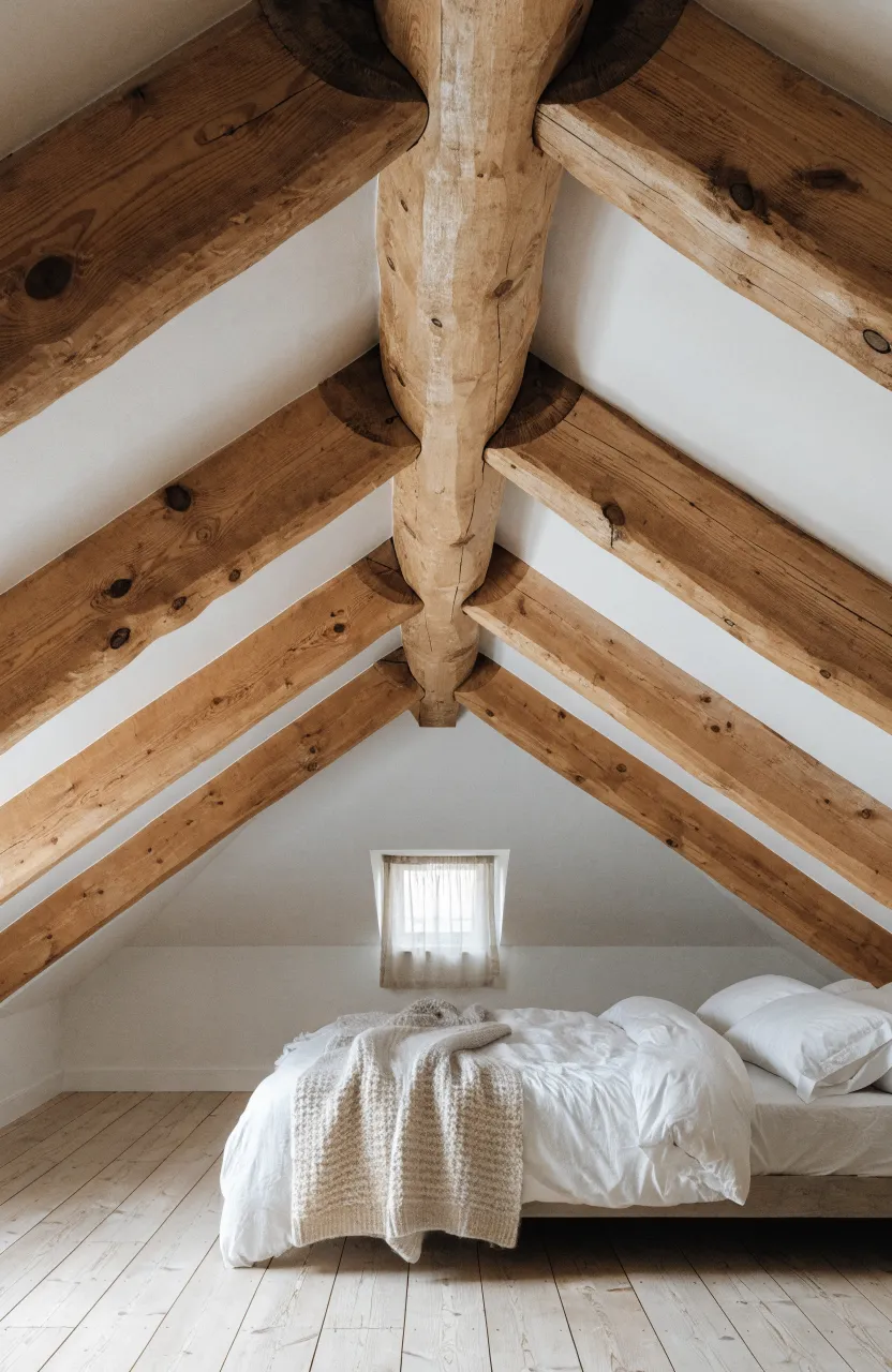 A sloped attic bedroom with beautiful exposed natural wood beams on the ceiling.