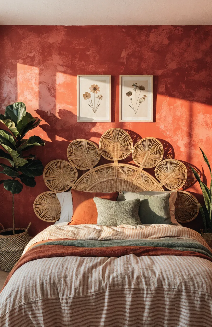 A modern bohemian bedroom featuring a deep terracotta accent wall and rattan headboard.