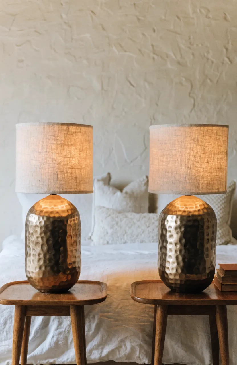 Hammered metal lamps with linen shades on wooden nightstands in a boho bedroom.