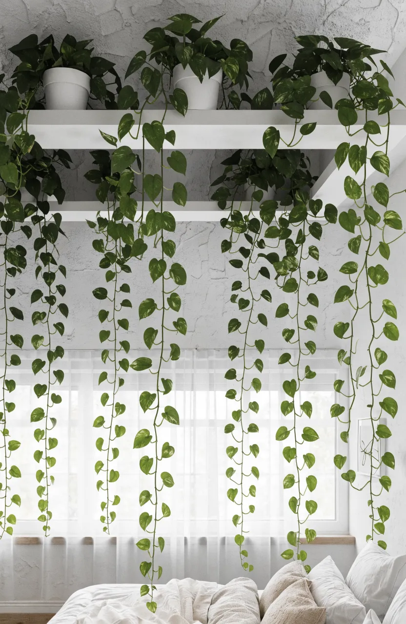 Trailing pothos plants on high floating shelves in a bright modern bohemian bedroom.
