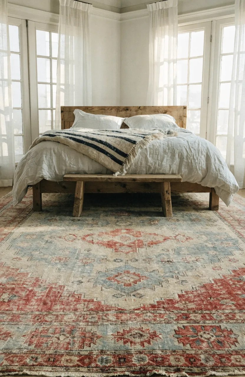 A faded, distressed Turkish rug on the floor of a cozy modern bohemian bedroom.