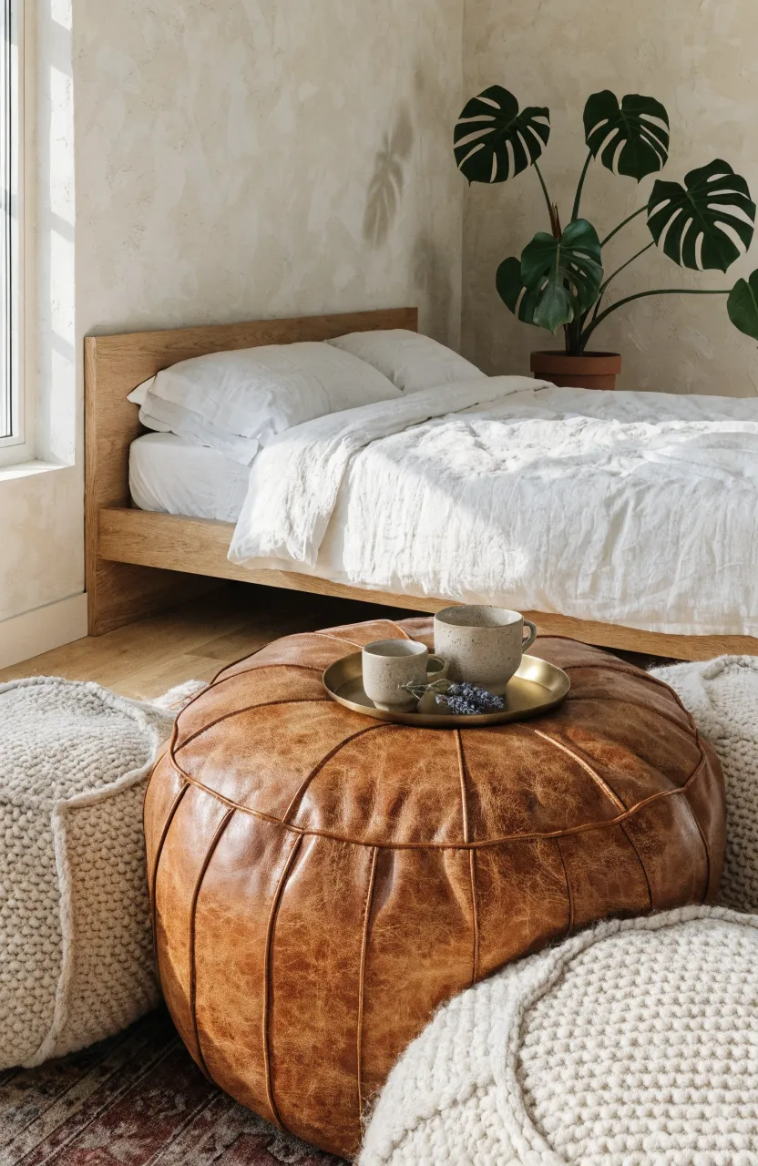 A modern bohemian bedroom featuring large leather and knit floor poufs near a low platform bed.