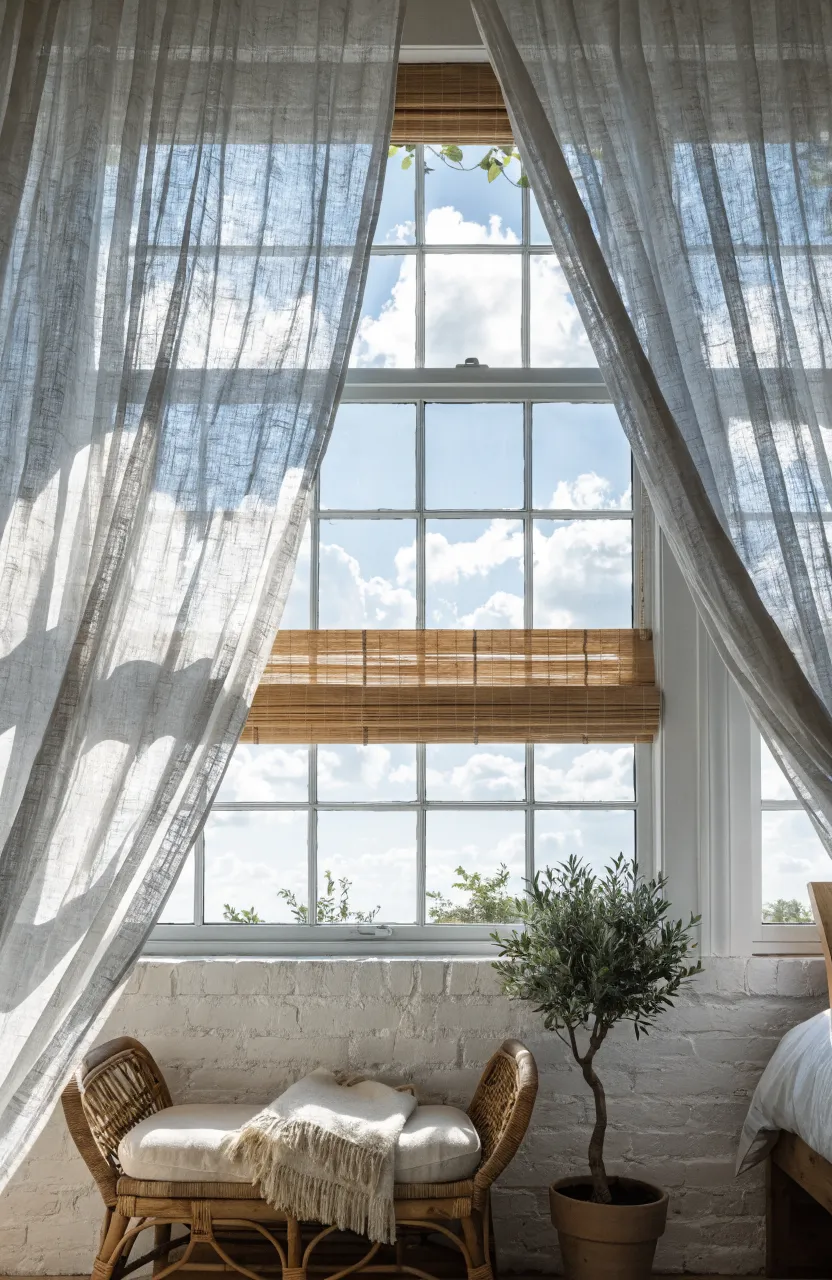 Sheer white linen curtains blowing softly in a sunlit bohemian bedroom window.