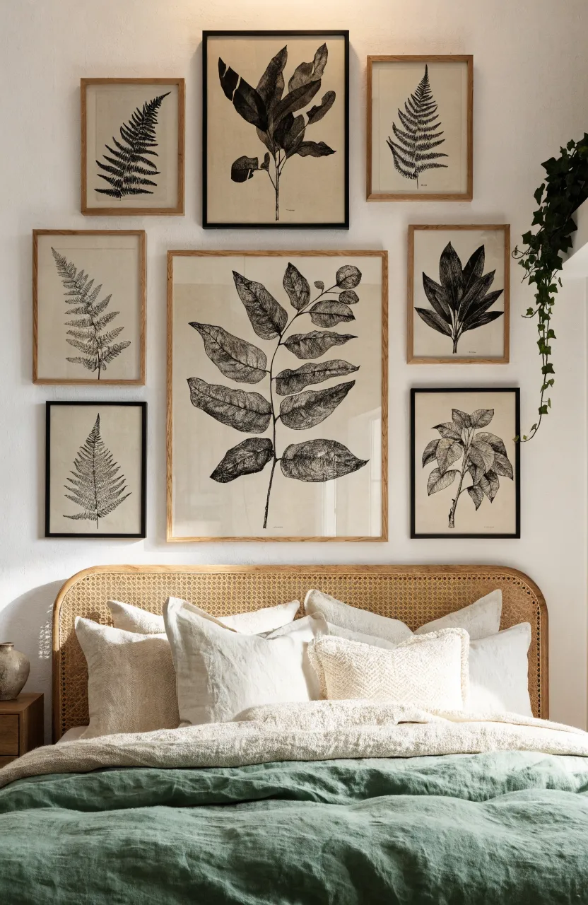 A gallery wall of framed botanical sketches arranged above a bed with a cane headboard.