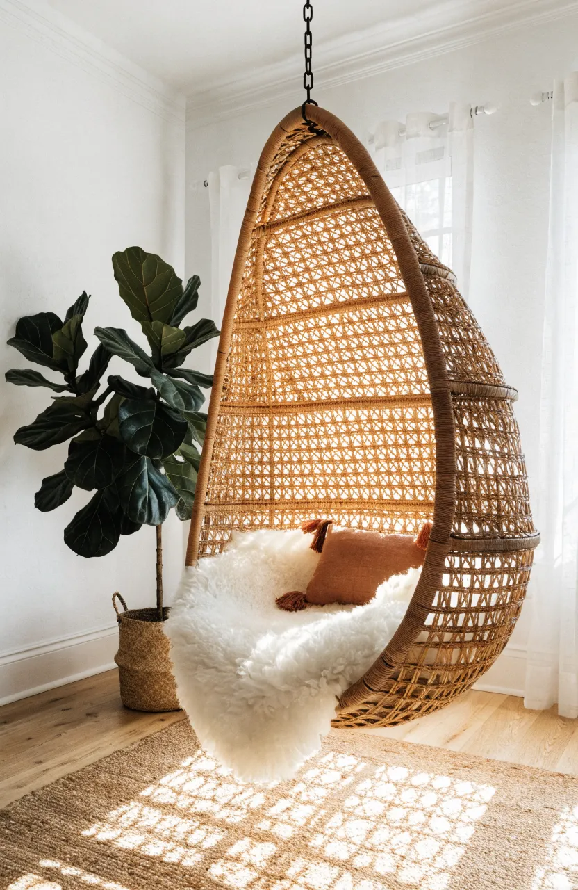 A wicker hanging egg chair with a sheepskin rug in a sunlit bedroom corner.