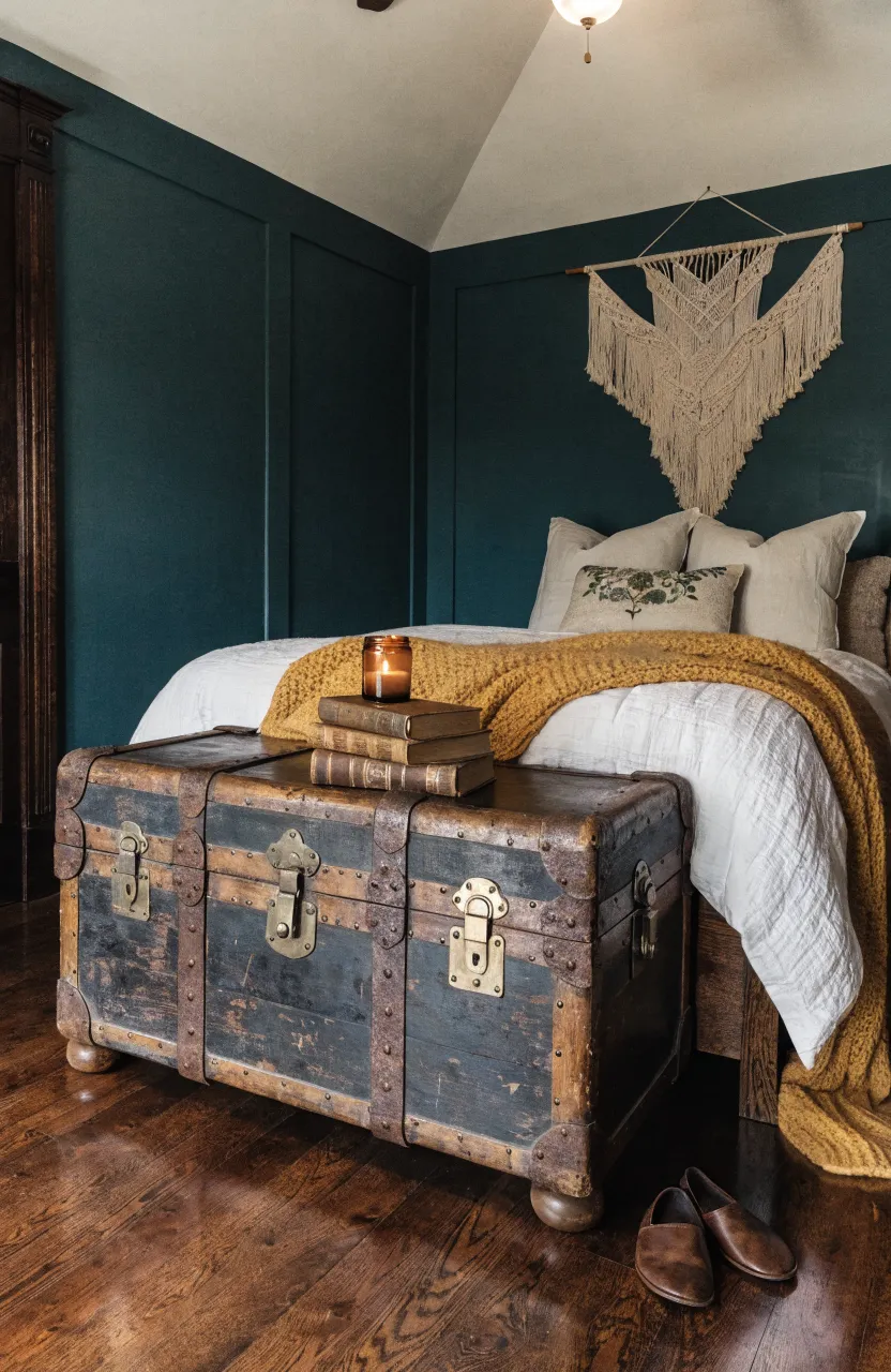 An antique wooden trunk used as a storage bench at the foot of a bed in a boho bedroom.