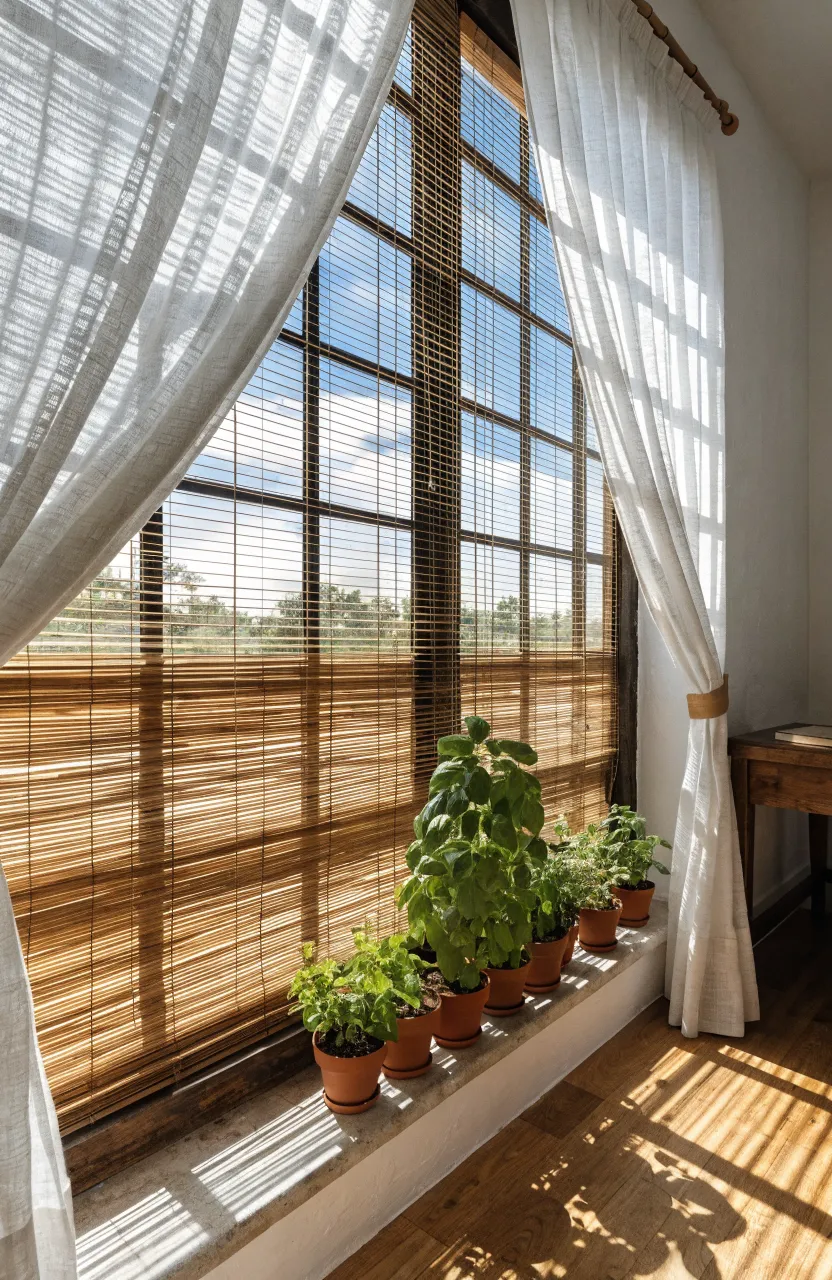Natural bamboo blinds layered with sheer white curtains in a bright bohemian bedroom.