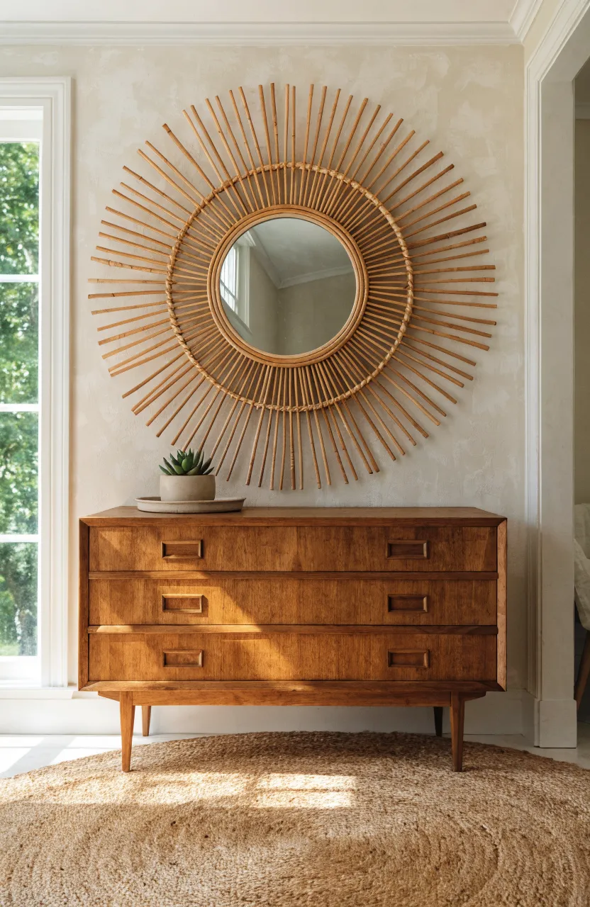 A rattan sunburst mirror hanging above a wooden dresser in a bright bohemian bedroom.