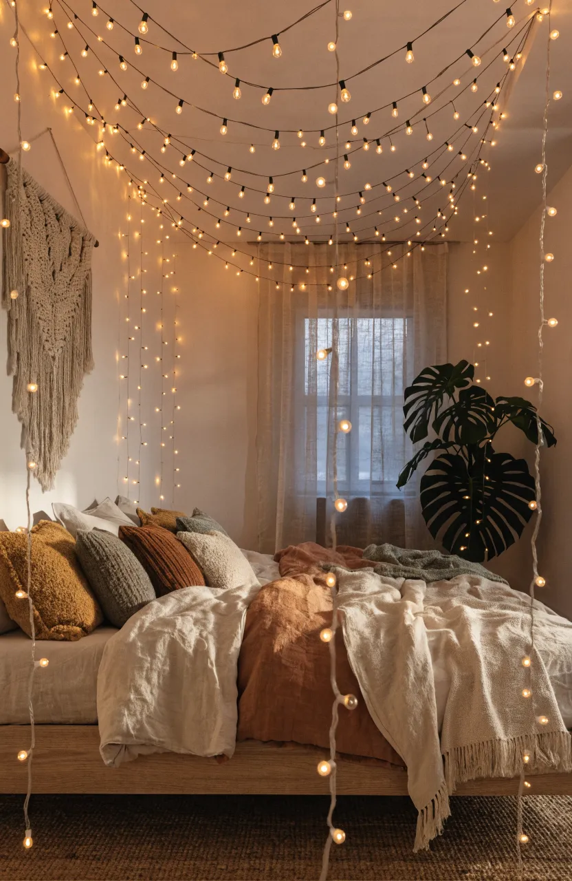 A modern bohemian bedroom featuring warm amber string lights draped across the ceiling over a cozy bed.