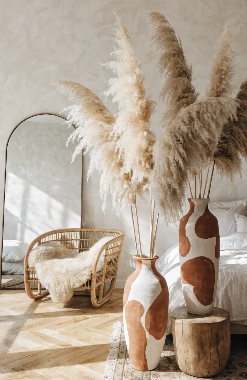 Tall feathery pampas grass in hand-painted ceramic vases in a sunlit modern bohemian bedroom.