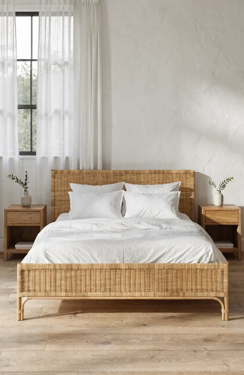 A modern rattan bed with clean lines in a bright white minimalist bedroom.