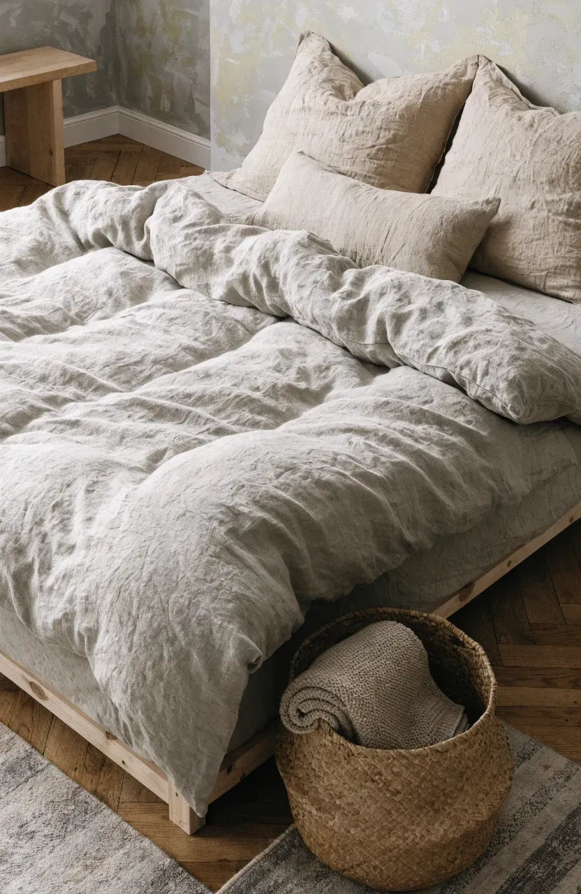 Textured stone-colored linen bedding on a simple wooden bed in a neutral room.