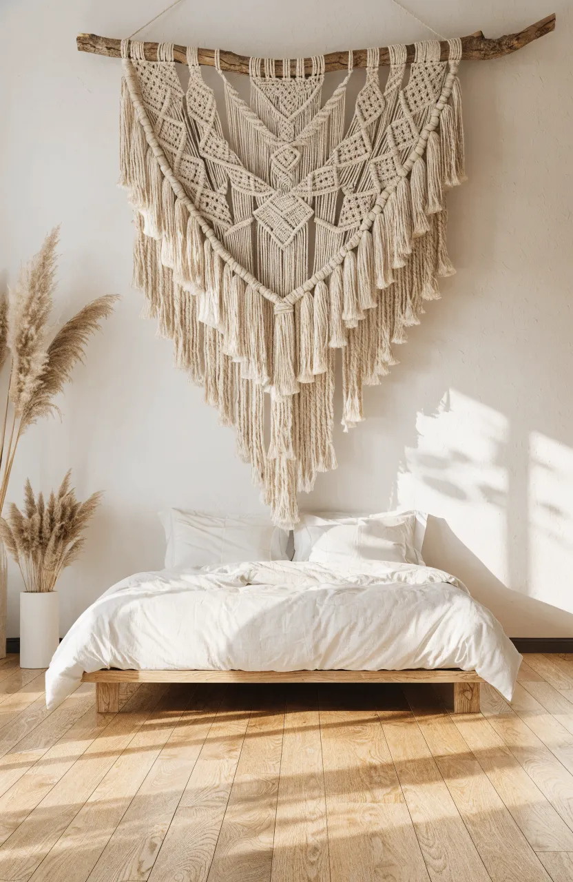A large cream macramé textile hanging above a bed in a minimalist room.