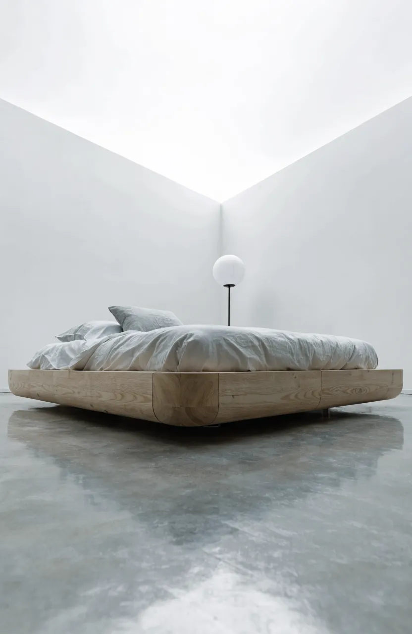A low birch platform bed in a bright, airy minimalist bedroom with white walls.