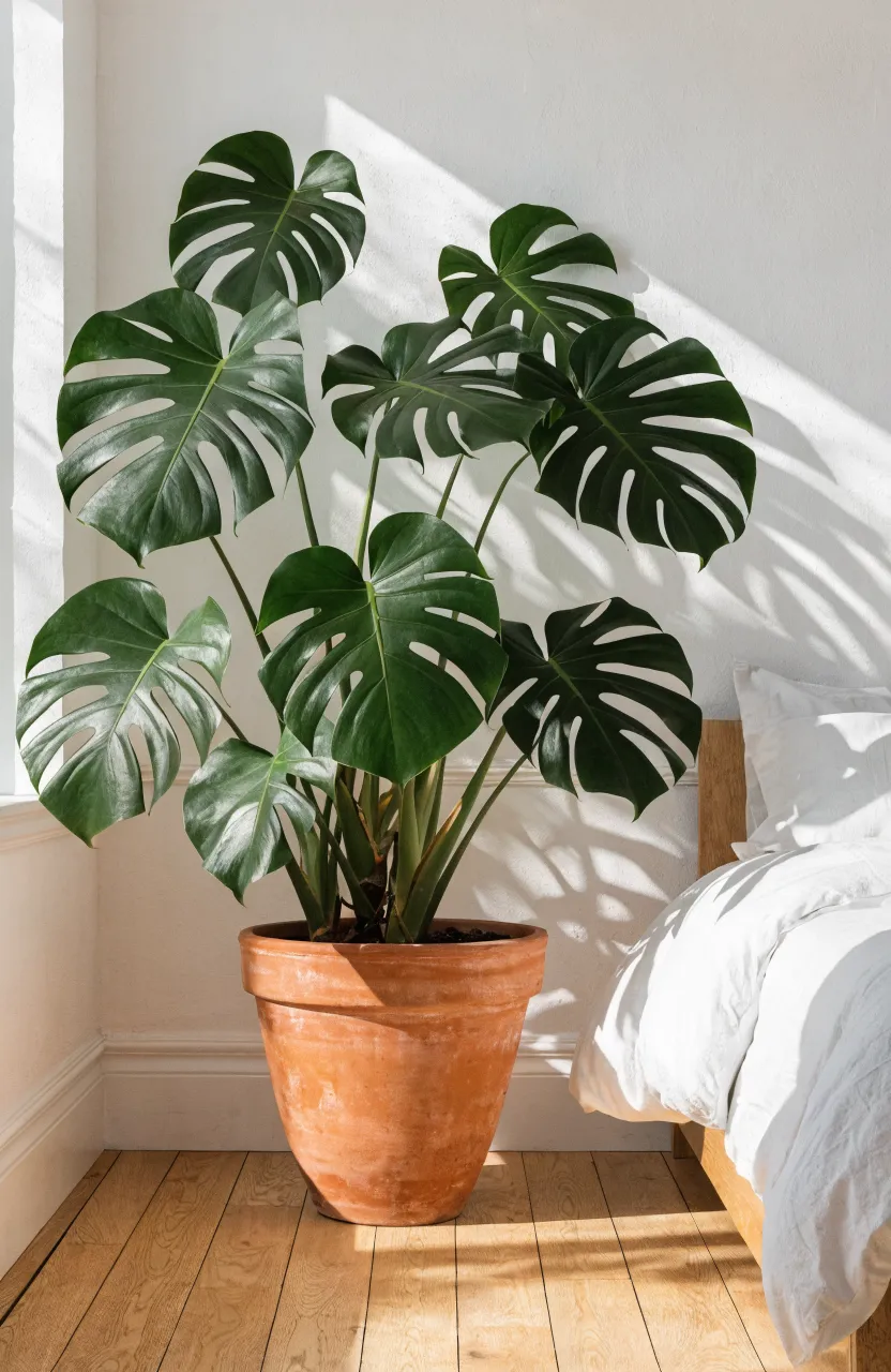 A large Monstera plant in a terracotta pot in a sunny, white boho bedroom.