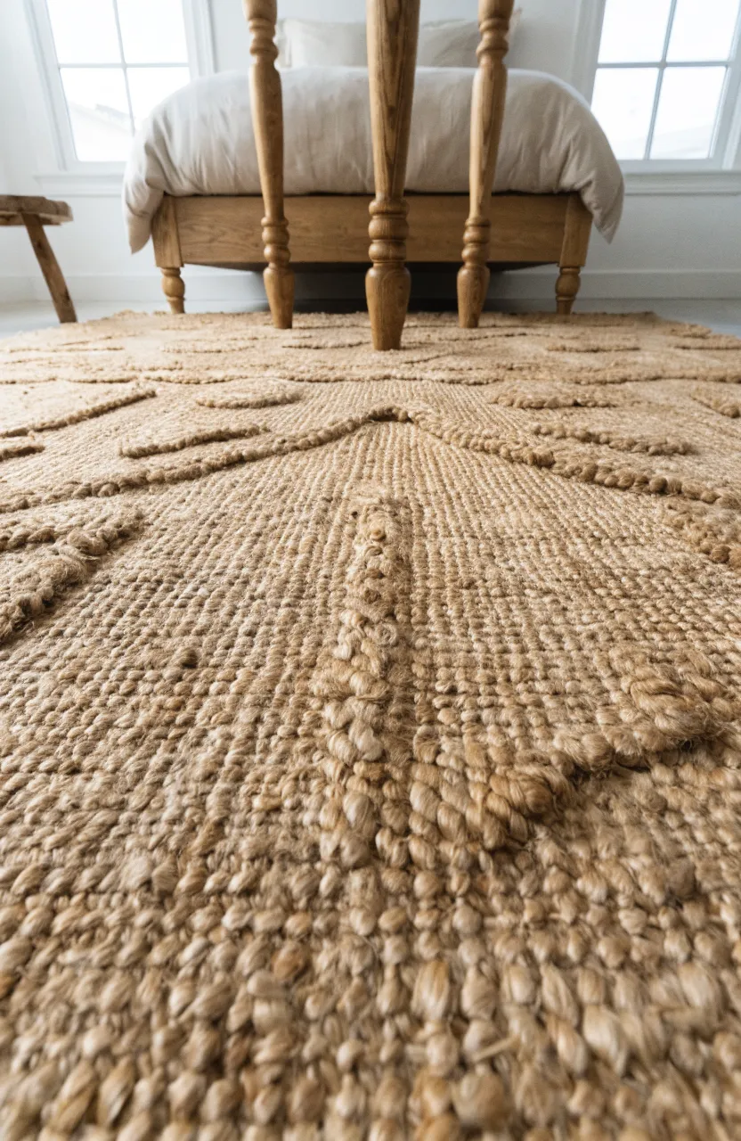 A textured tan jute rug on the floor of a bright, minimalist bedroom.